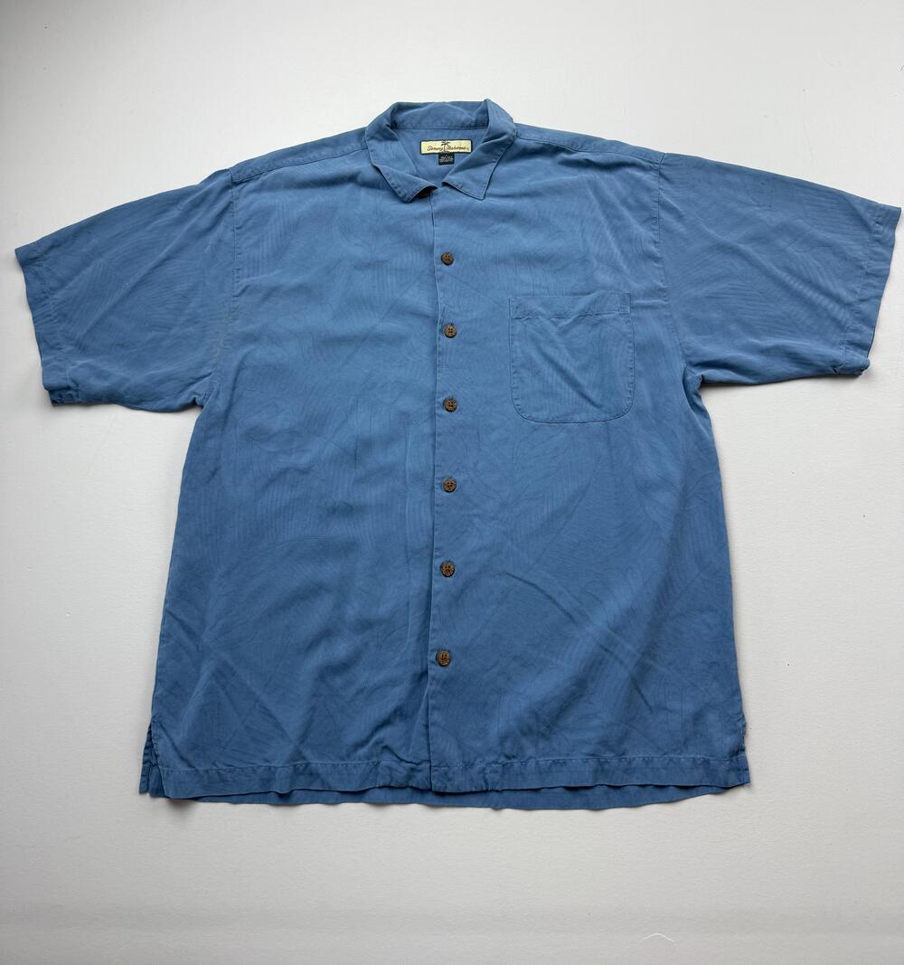 Tommy Bahama Shirt Mens Large Blue Silk Short Sleeve Floral Button Up Casual
